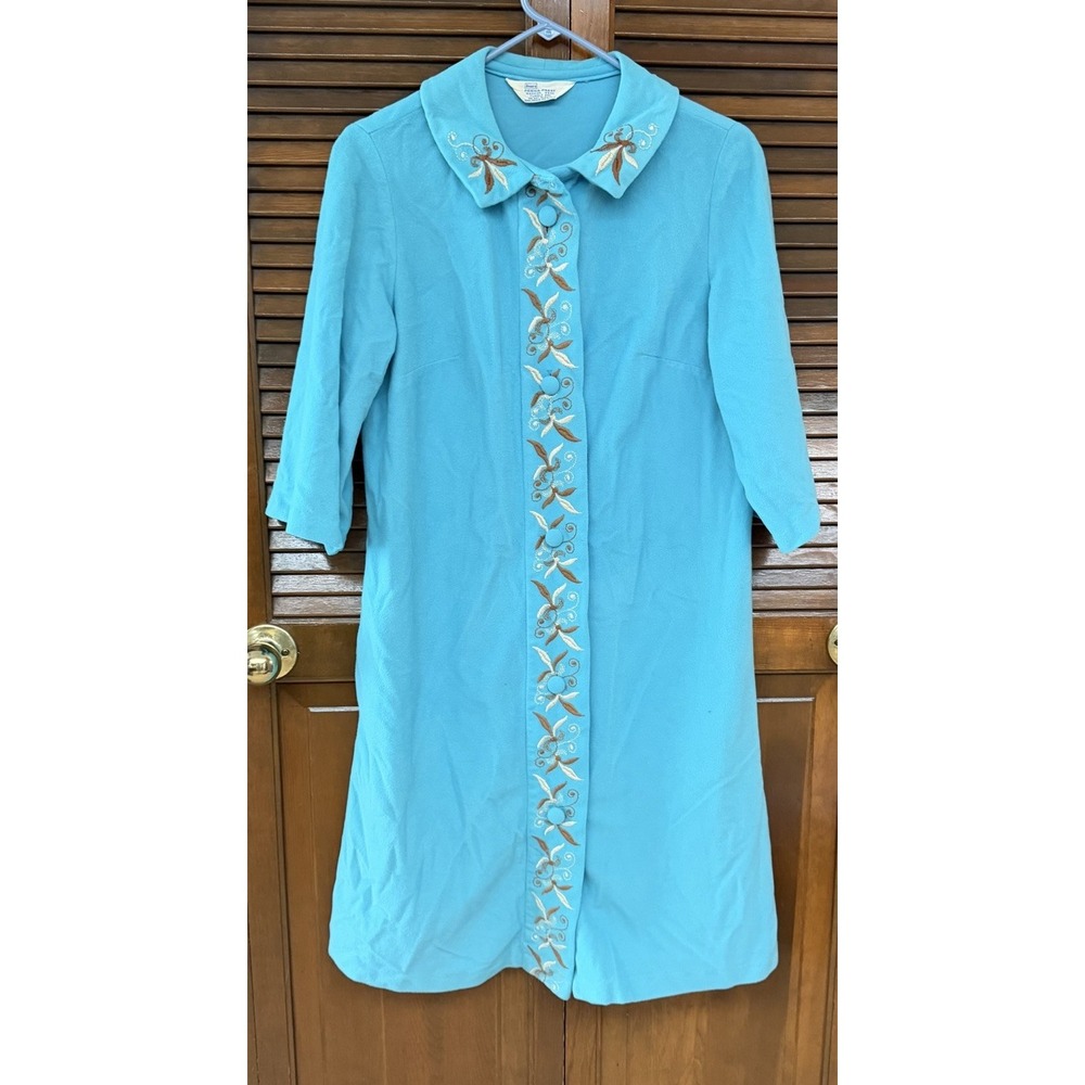 Vintage 60s Sears Perma-Prest Turquoise Embroidered Housecoat Dress Modest M